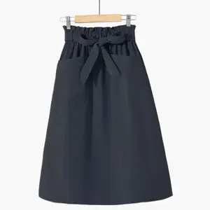 Casual Solid A-line Cotton Skirts Women Summer Long Black Skirts Womens Pocket Elastic Waist Womens Skirts