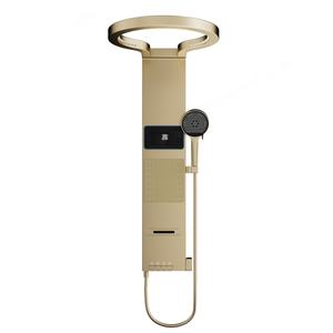 Ensemble de douche mural contemporain en or avec mitigeur à poignée unique, jet de pluie, fonction pause douce, chrome brossé, noyau de valve en céramique - Product Image 1