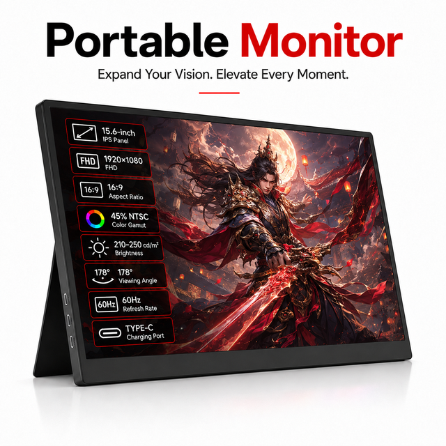 Factory Wholesale 15.6 Inch Portable Monitor Multimedia Player Built in Kickstand Ultra Slim Design Wireless Portable Monitor