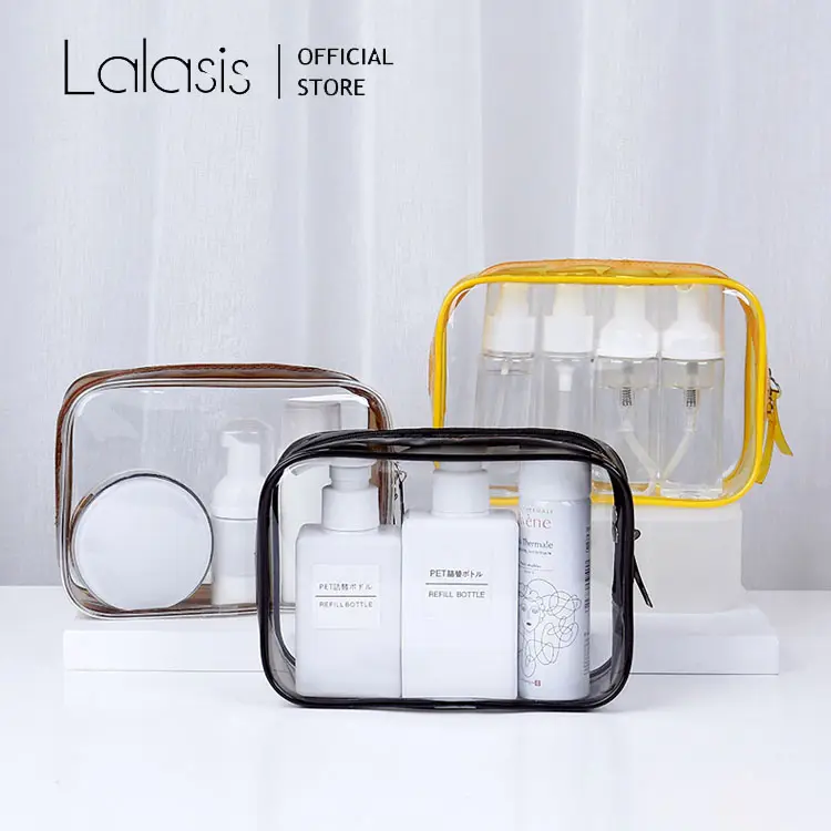 Lalasis custom logo transparent clear travel makeup bag skincare toiletry bag small PVC cosmetic pouch zipper make up bags