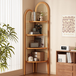Hongxiang Retro Rattan Corner <b>Bookcase</b> With Back <b>Solid</b> <b>Wood</b> Three Tier Shelf Space Saving For Living Room Bedroom - Product Image 2