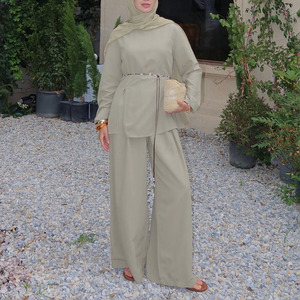 Set Coordinato Modesto Personalizzato per Donne Musulmane, Top con Spacco Laterale e <span class=keywords><strong>Pantaloni</strong></span>, 2 Pezzi, Tinta Unita, Lunghezza Intera - Product Image 1