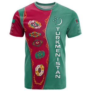 T-shirt all'ingrosso a basso costo per il Giorno dell'Indipendenza del Turkmenistan, con emblema nazionale e design a strisce a tappeto, personalizzabile da uomo - Product Image 2