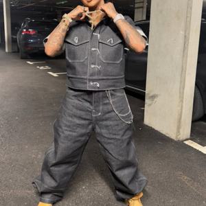 Ensemble en jean pour femme avec logo personnalisé OEM, style streetwear old school, veste en jean et jean cargo baggy, jean vintage surdimensionné en denim brut - Product Image 2