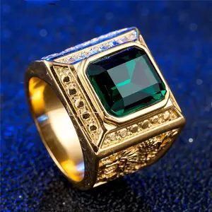 Cincin Batu Permata Naga Emas 18K, Perhiasan untuk Pria Baja Tahan Karat