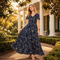 Robe longue évasée en viscose 120g pour femme, coupe trapèze, col en V, imprimé prairie fleurie, style Southern Belle romantique, personnalisable avec logo – Vente en gros
