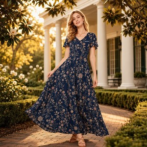 Vestido Maxi de Viscosa para Mujer, 120g, Corte en A, Escote en V, Estampado de Flores Silvestres, Estilo <span class=keywords><strong>Southern</strong></span> <span class=keywords><strong>Belle</strong></span> Romántico, Logotipo Personalizado, Venta al Por Mayor - Product Image 4