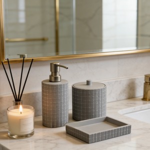 Ensemble de salle de bain 3 pièces en résine gaufrée <span class=keywords><strong>3D</strong></span> gris béton, style européen, avec distributeur à pompe en métal brossé, pot à coton-tige à couvercle et <span class=keywords><strong>porte</strong></span>-<span class=keywords><strong>savon</strong></span> - Product Image 5