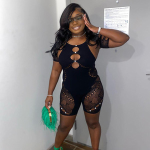 New Women's Solid Color Mesh Hollow Sexy Embedding Slim Fit <b>Knitted</b> Short Sleeve Jumpsuit Women Clothing - Product Image 5