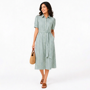 Vestido de Verano Moderno de Algodón con Rayas Verdes, Manga 3/4, Cuello Mandarín, Solapa, Cinturón y Botones, Estilo Midi para Fiesta, Venta al por Mayor - Product Image 1