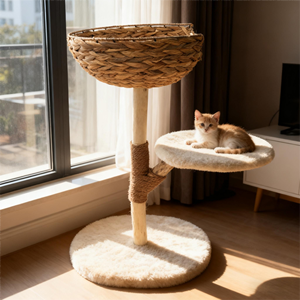 LM Holz-Katzenbaum Katzenmöbel Katzenhöhle Katzen-Spielbaum Haustier-Holzspielzeugbaum Handgefertigter Wasserhyazinthen-Haustierbaum mit Bett - Product Image 1