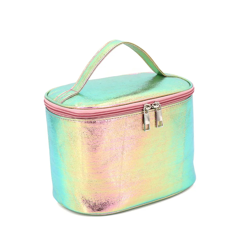 Holografische Pu Draagbare Make-Up Tas Leverancier Shiny Vegan Lederen Cosemtic Reizen Cases Zipper Bag Custom Wc Tassen Voor Vrouwen