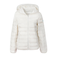 Veste d'hiver légère et courte pour femme, en duvet de canard blanc, à capuche, avec doublure côtelée en nylon, légère et chaude, en stock, vente en gros OEM/ODM