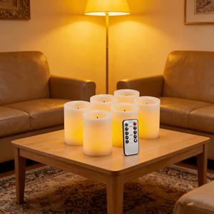 Ensemble de 6 bougies <span class=keywords><strong>LED</strong></span> à fibre optique en cire de paraffine, bougies piliers 3D sans flamme D7.5xH10cm, télécommande, fonctionnant sur piles, Noël - Product Image 2