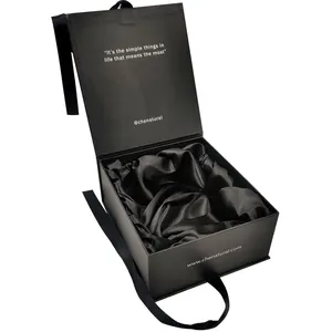 Zwarte Stijve Karton Papier Wijnglas Verpakking Geschenkdozen Met Lint Aangepaste Magnetische Karton Doos Voor Verpakking