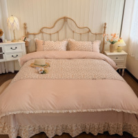 Ensemble de literie 100% coton 4 pièces, housse de couette à imprimé floral avec volants en dentelle, élégant, 200TC, broderie en pur coton