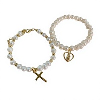 Bracelet vintage doré brillant avec perles imitation nacre, breloque croix, élastique, extensible, tendance, minimaliste, pour femme, cadeau