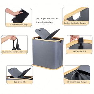 Cesto de Ropa Plegable Doble Grande de 92L con Bolsas Desmontables y Tapa, Diseño Plegable y Desmontable Conveniente para un Fácil Almacenamiento - Product Image 3