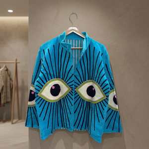 Blusa de Invierno para Mujer, Tejida en Terciopelo Azul, Ligera, 100% Algodón, Bordado Floral, Transpirable, Estilo Boho, Hecha a Mano - Product Image 2