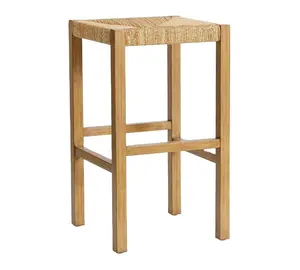 Tabouret de bar en bois avec siège en jonc de mer tissé à la main moderne à quatre pieds sans dos charme rustique fonctionnalité polyvalente tabouret de bar pour la maison - Product Image 1