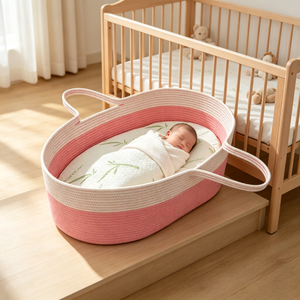 Cesta Ovalada de Cuerda de Algodón para Bebé con Asa Integrada, Nido de Descanso para Recién Nacidos con Almohadilla de Bambú Resistente al Agua para Guardar Pañales y Juguetes - Product Image 1