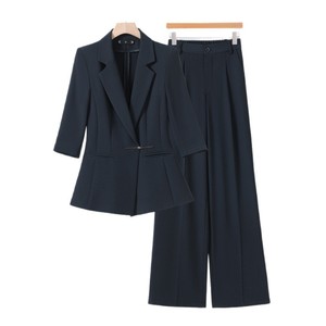 Women's Two Piece Suit Set Mid Sleeve Blazer Wide Leg Pants Formal Workwear Commute Spring Summer Autumn Anti Wrinkle Worsted - Product Image 5