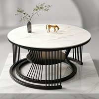 Table basse ronde moderne de luxe léger en dalle de roche dorée avec espace de rangement pour petits appartements, structure en fer forgé