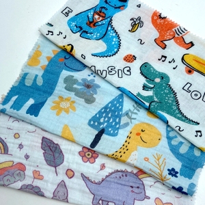 Vente en gros de tissu mousseline dinosaure 125gsm tissé impression numérique 100% coton double couche gaze crêpe mousseline tissu pour vêtement