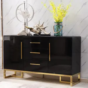 Consola de madera de lujo de alto brillo, mesa con cajón, aparador de comedor, marco de acero inoxidable dorado