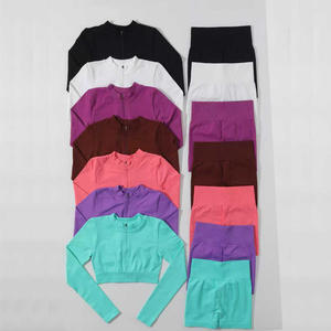 Set Yoga Senza Cuciture da Donna 5 Pezzi Personalizzato, Top Corto a Maniche Lunghe, Leggings a Vita Alta, Asciugatura Rapida, Traspirante, Set Sportivo per Fitness - Product Image 3