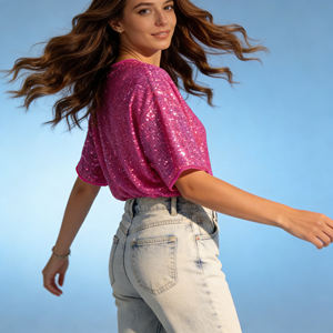 Customization Hot <b>Pink</b> Sequin Oversized Short-Sleeve Tunic DressShiny Sparkle Fabric Loose Fit Party <b>Top</b> for Women's - Product Image 5