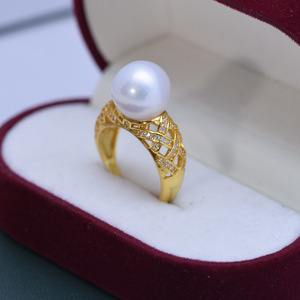 Bague en argent S925 pour femme, perle d'eau douce, 11-12 mm, ronde, blanche, forte brillance, perle délicate, ouverture réglable, design creux - Product Image 3