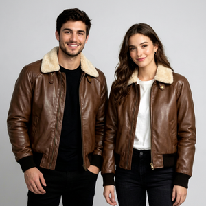 Chaqueta de aviador/bomber de cuero marrón con cuello de piel de oveja/forro polar color crema extraíble, puños y dobladillo acanalados. - Product Image 1