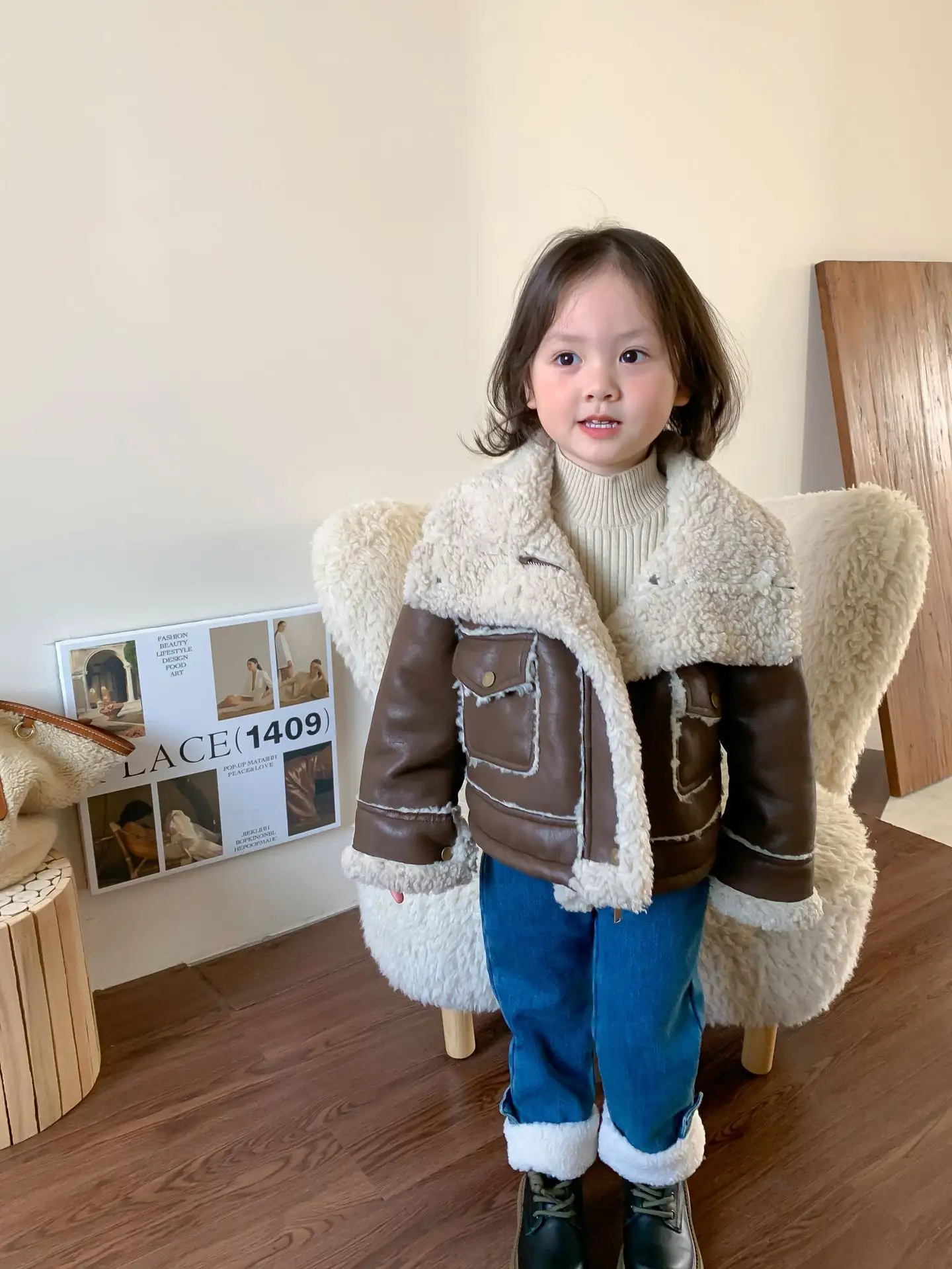 2023 fall winter infant baby girls pu leather jacket toddler kid warm coat clothing W130
