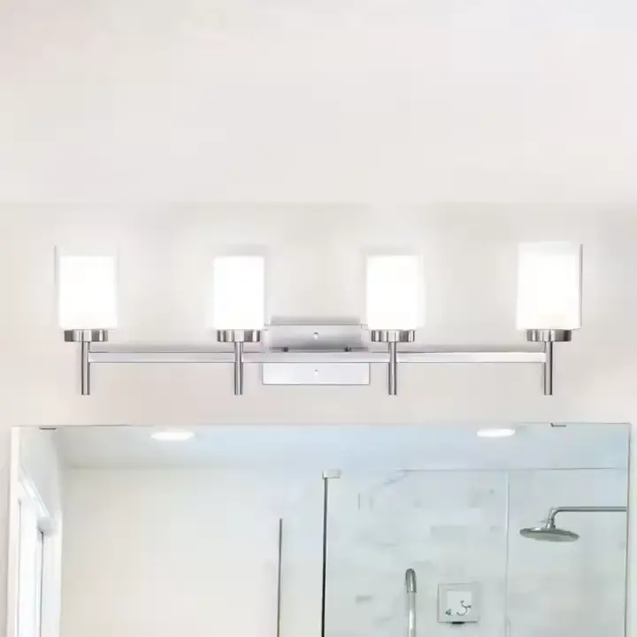 Appliques design moderne à 4 lumières avec double abat-jour en verre Finition nickel brossé Lampe de vanité de salle de bain pour la maison et l'hôtel