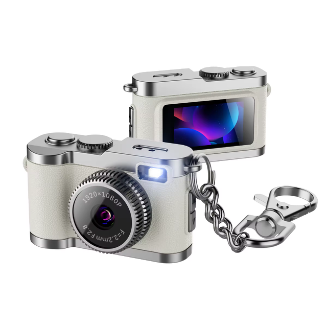 White Retro Mini Digital Camera 1080P HD Video Recorder Keychain Necklace Students MicroSD 2MP 130 Wide Angle Built-in LED