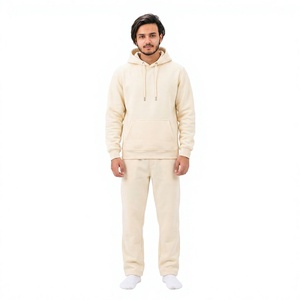 Men's <b>Cream</b> Hooded Tracksuit Full Sleeve Solid Color Cotton Casual Wear with Side Pockets Regular Fit Autumn Style - Product Image 1