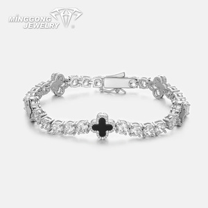Bracelet Tennis en Argent Sterling 925 de Haute Qualité avec <span class=keywords><strong>Moissanite</strong></span> VVS, Agate Noire et Trèfle à Quatre Feuilles – Élégant Bracelet Jonc sur Commande - Product Image 1
