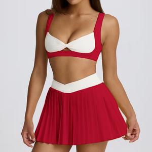Conjunto de Falda de Tenis a Contraste para Mujer con Sujetador Deportivo Retorcido y Falda Plisada con Cintura en V, Traje para Bádminton, Deportes, Golf y Tenis - Product Image 1