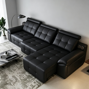 โซฟาหนัง PU สีดำทรงตัวแอลแบบทันสมัย พร้อมพนักพิงแบบ Tufted และที่วางแขนบุนวม สำหรับห้องนั่งเล่น - Product Image 5