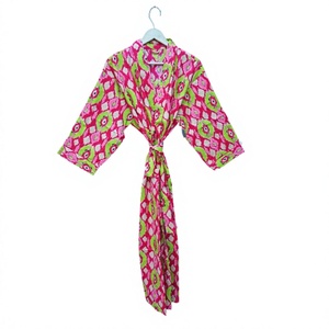 Bata con estampado geométrico para mujer, ropa informal de verano de manga larga, 100% poliéster, cierre con cordón de longitud completa - Product Image 1