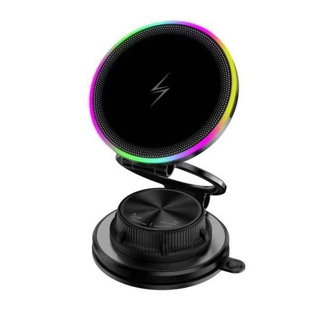 15W Magnetic Wireless Car Charger Mount Vacuum Suction Cup 360° Rotating Foldable Dashboard Holder with RGB Light