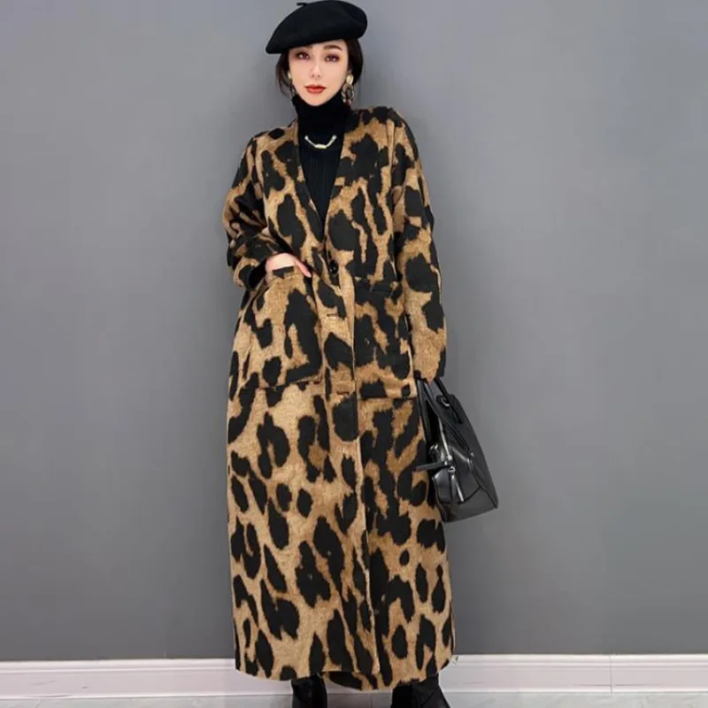 Spring Autumn New Elegant Korean Style Ladies Windbreak Fashionable Leopard Long Coats Print Versatile Trench Coat for Women