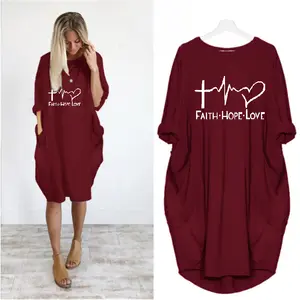 Plus Size Top Dress Fall Long Sleeve Faith Hope Love Letters Print Clothing Women Shirt Loose Fit Fashion Dress With Pocket