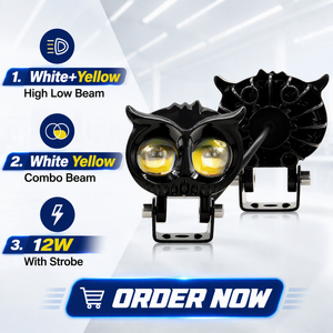 Projecteur LED universel JHS Owl Design 12W, double faisceau blanc et jaune, stroboscope, étanche IP68, lumière auxiliaire pour moto, sortie d'usine - Product Image 1