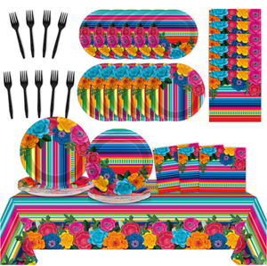 Meksika Fiesta Doğum Günü Partisi Cinco De Mayo Çiçek Desenli Kağıt Tabaklar Bardaklar Peçeteler Masa Örtüsü Çatallar Çatal Bıçak Takımı Sofra Malzemeleri - Product Image 1