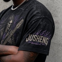 T-shirt Homme Imprimé Intégral Motif Squelette Guitariste Rock, Noir Délavé, avec Lettrage Gothique Arqué et Clous Métalliques, Style Streetwear OEM