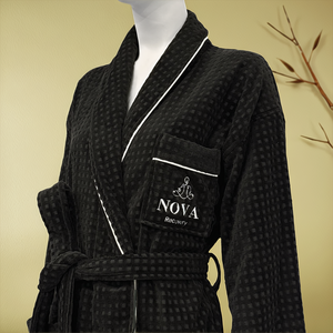 Uzun kollu kuşaklı tarzı Terry % 100 pamuk jakarlı BathrobeHotel Spa ev kullanımı kişiselleştirilmiş Logo bornoz - Product Image 1