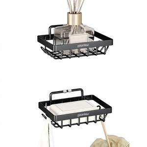 Étagère murale à double niveau en métal, organisateur de salle de bain minimaliste, support auto-adhésif pour articles divers - Product Image 1