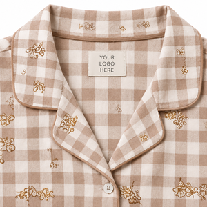 <b>Women</b> Brown Plaid <b>Pajama</b> Set Short Sleeve Button Up Top Matching Long Pants Two <b>Piece</b> Sleepwear Loungewear Nightwear Set - Product Image 5